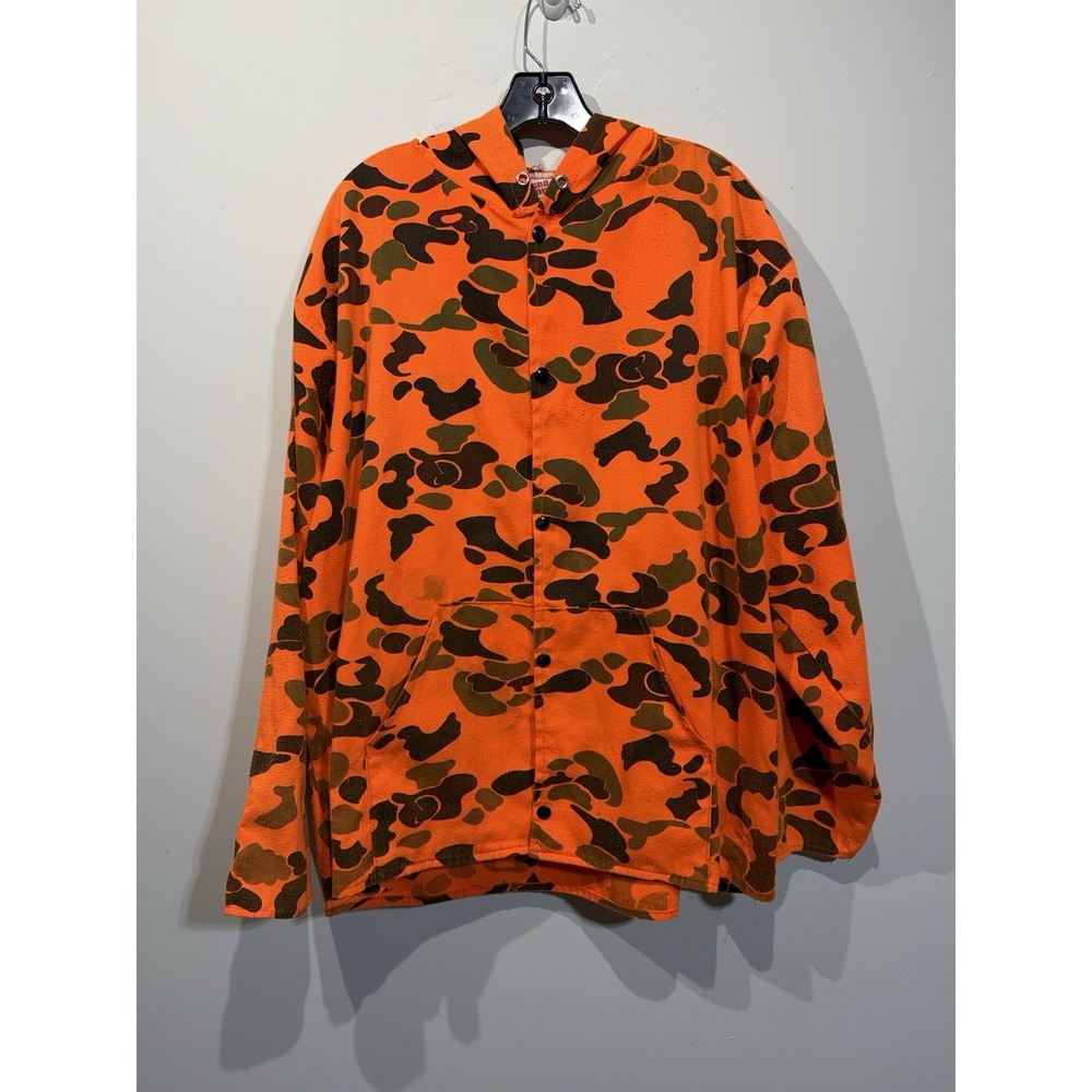 VTG Sno King Jacket Mens 2XL Blaze Orange Camo Snap Hoodie Light Weight Made USA